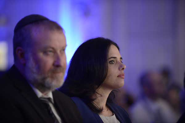 Minister of Justice Ayelet Shaked next to Attorney General Avichai Mandelblit, at the ceremony for opening a new year of justice in Tel Aviv, on August 30, 2016. (Tomer Neuberg/Flash90)