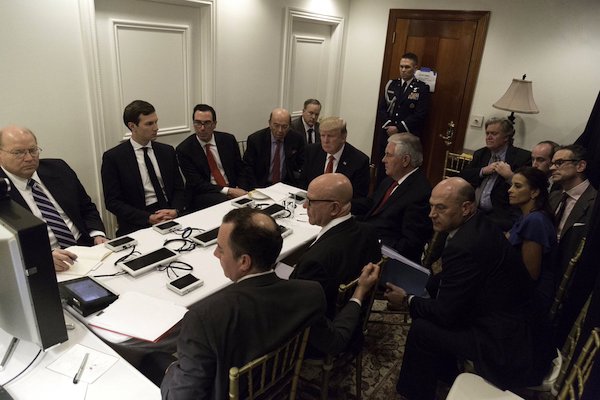 President Donald Trump with senior advisors in a makeshift situation room at Trump’s Mar a Lago estate in Florida, April 7, 2017. (White House photo)