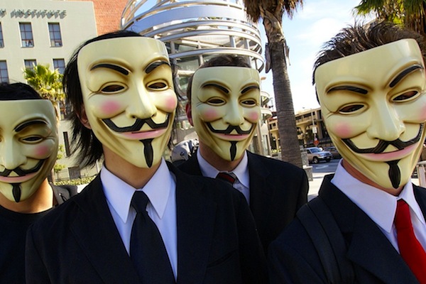 Members of Anonymous wear Guy Fawkes masks at the Scientology center in Los Angeles. (Vincent Diamante/CC BY-SA 2.0)