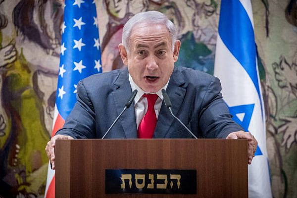 Prime Minister Netanyahu attends a joint event of the Knesset and the U.S. Congress, at the Chagall state hall in the Knesset, Jerusalem, June 7, 2017. (Yonatan Sindel/Flash90)