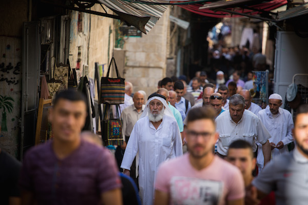 Muslim men seen leaving the Al Aqsa Mosque Compound in Jerusalem's Old City after their prayers during the muslim holy month of Ramadan at Al Aqsa mosque, in Jerusalem on June 7, 2017. (Hadas Parush/FLASH90)