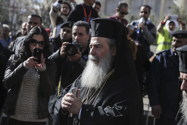 Greek Orthodox Patriarch of Jerusalem Theophilos III arrives at the Church of the Nativity in the biblical West Bank town of Bethlehem as Orthodox Christmas celebrations kicked off on January 6, 2016, in the traditional birthplace of Jesus Christ. (Flash90)