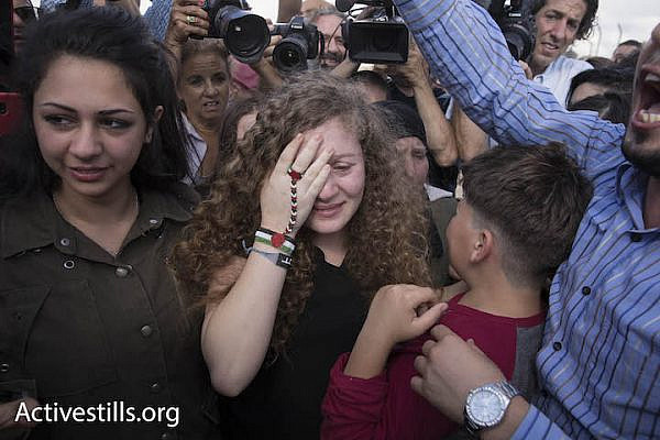 Ahed Tamimi, who spent eight months in an Israeli prison for slapping an Israeli soldier, is seen upon her release in her home village of Nabi Saleh, July 29, 2018. (Oren Ziv/Activestills.org)