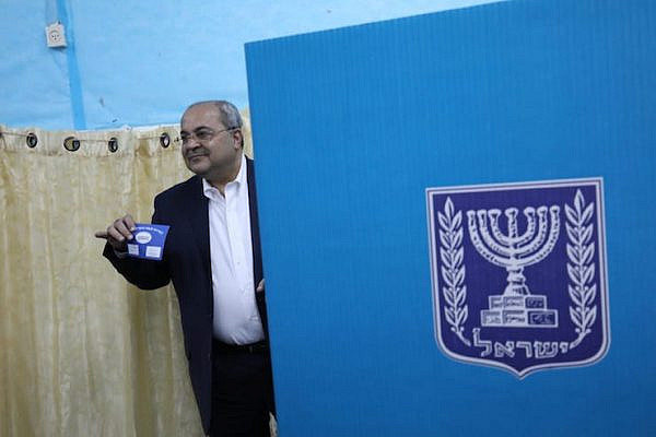 Arab MK Ahmad Tibi votes in the 2019 election, Taybe, northern Israel, April 9. (Oren Ziv/Activestills.org)