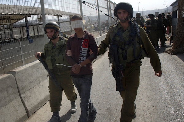 Illustrative photo of Israeli soldiers detain a blindfolded Palestinian child. (Wagdi Ashtiyeh/Flash90)