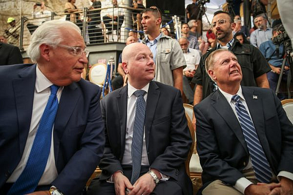U.S. Ambassador to Israel David Friedman (left) with White House Middle East envoy Jason Greenblatt (center) and Senator Lindsey Graham seen during the opening ceremony of an the Pilgrimage Road at the City of David archaeological site in the East Jerusalem neighborhood of Silwan, June 30, 2019. (Flash90)