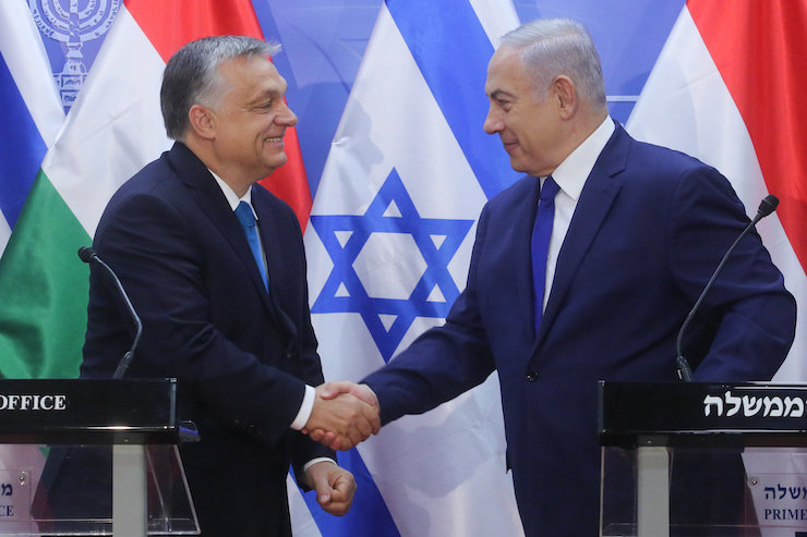 Prime Minister Benjamin Netanyahu holds a joint press conference with Hungarian Prime Minister Viktor Orban, at the Prime Minister's Office in Jerusalem, on July 19, 2018. (Marc Israel Sellem/POOL)