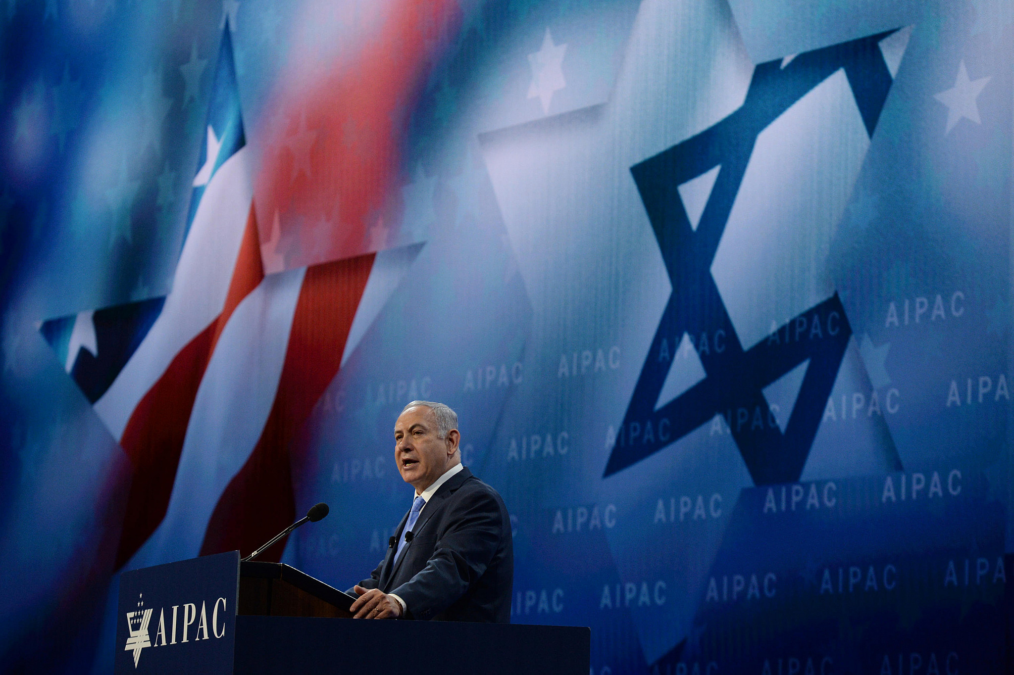 Prime Minister Benjamin Netanyahu speaks at the AIPAC Conference in Washington, D.C. on March 6, 2018. (Haim Zach/GPO)