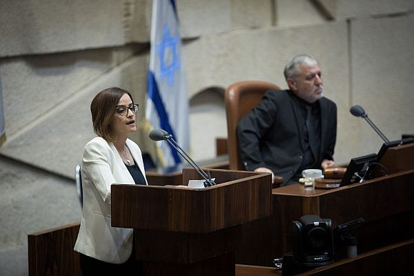 Heba Yazbak of the Balad party speaks in the Israeli parliament on May 13, 2019, during a Plenary Hall session. (Noam Revkin Fenton / Flash90)
