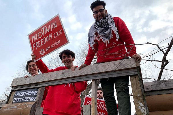 Jewish Voice for Peace Action activists on the "Palestine Freedom 2020" bus in Iowa, January 7, 2019. (Courtesy of Jewish Voice for Peace Action)