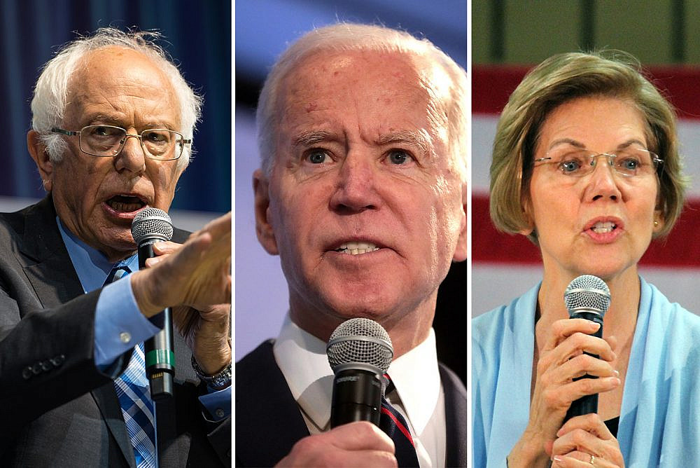 Sen. Bernie Sanders (Courtesy of J Street), Joe Biden (Gage Skidmore/CC BY-SA 2.0), and Sen. Elizabeth Warren (Matt Johnson/CC BY 2.0).