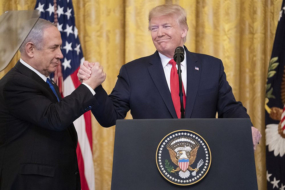 U.S. President Donald Trump delivers remarks with Israeli Prime Minister Benjamin Netanyahu Tuesday, Jan. 28, 2020, in the East Room of the White House to unveil details of the Trump administration’s Middle East plan. (Shealah Craighead/White House)