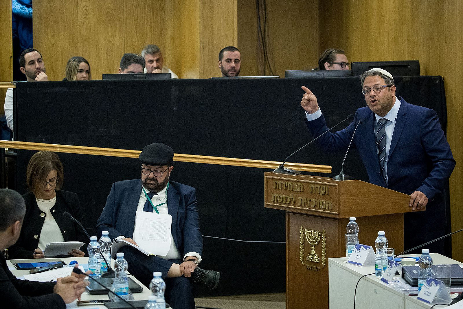 Otzma Yehudit party chairman Itamar Ben Gvir speaks during the Central Elections Committee discussion of requests to disqualify Joint List party member Heba Yazbak from running in the Knesset Elections. January 29, 2020. (Yonatan Sindel/Flash90)