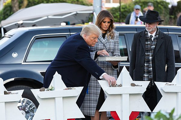 President Donald Trump and First Lady Melania Trump visit a memorial outside the Tree of Life Synagogue in Pittsburgh Tuesday, October 30, 2018, following the mass shooting that left 11 worshippers dead. (Andrea Hanks/White House)