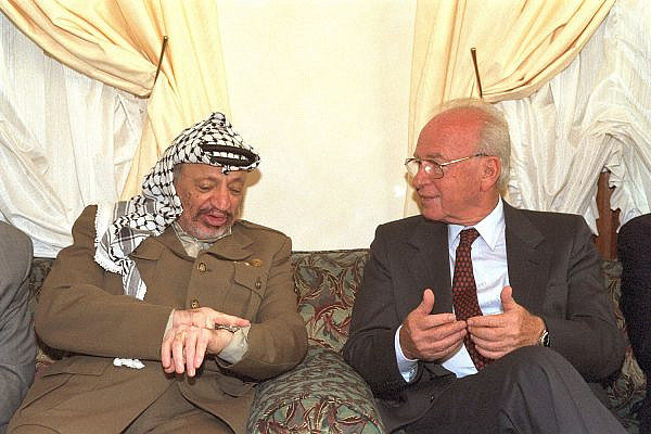 Israeli Prime Minister Yitzhak Rabin meets with PLO leader Yasser Arafat in Casablanca, Morocco, October 30, 1994. (Saar Yaacov/GPO)