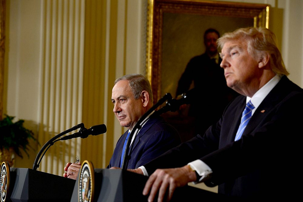 U.S. President Donald Trump and Israeli Prime Minister Benjamin Netanyahu during the prime minister's visit to the White House, Washington DC, February 15, 2017. (Avi Ohayon/GPO)