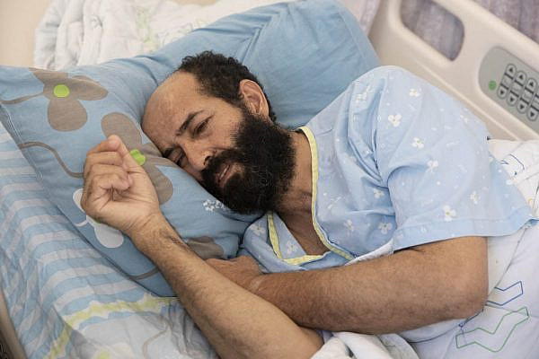 Palestinian hunger striker Maher al-Akhras after 100 days of his strike in protest of his administrative detention, at Kaplan Medical Center, Rehovot, October 14, 2020. (Oren Ziv)