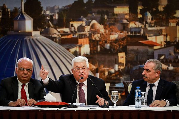 Palestinian President Mahmoud Abbas delivers a speech regarding the Middle East peace plan, at the Palestinian Authority headquarters, in the West Bank city of Ramallah, January 28, 2020. (Flash90)