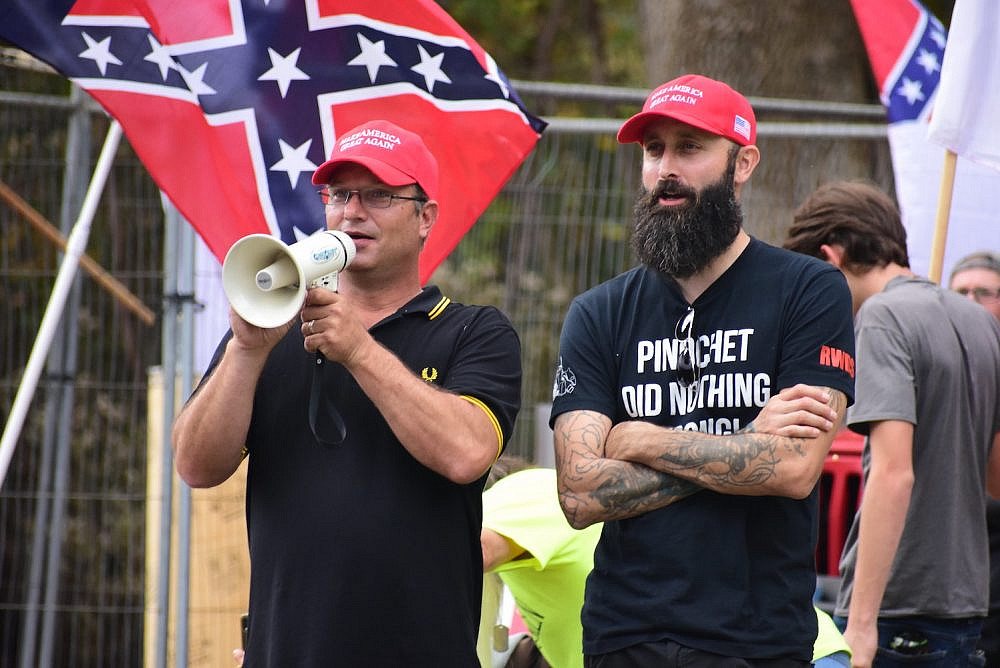 Proud Boys participating in a neo-Confederate protest in Pittsboro, North Carolina on October 26, 2019. (Anthony Crider/ CC BY 2.0)