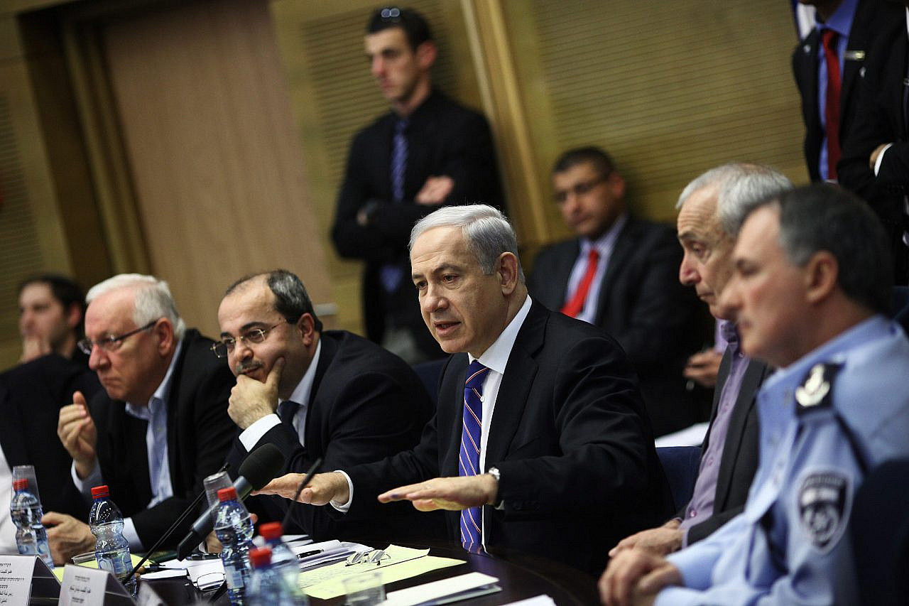 Israel's Prime Minister Benjamin Netanyahu attends a parliamentary committee of inquiry session devoted to the problem of criminal violence in Palestinian communities in Israel, at the Knesset in Jerusalem, February 13, 2012. (Kobi Gideon/Flash90)