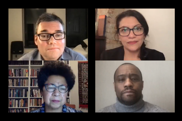 Screenshots of a Jewish Voice for Peace panel on antisemitism, featuring commentator Peter Beinart, Congresswoman Rashida Tlaib, historian Barbara Ransby, and scholar Marc Lamont Hill.