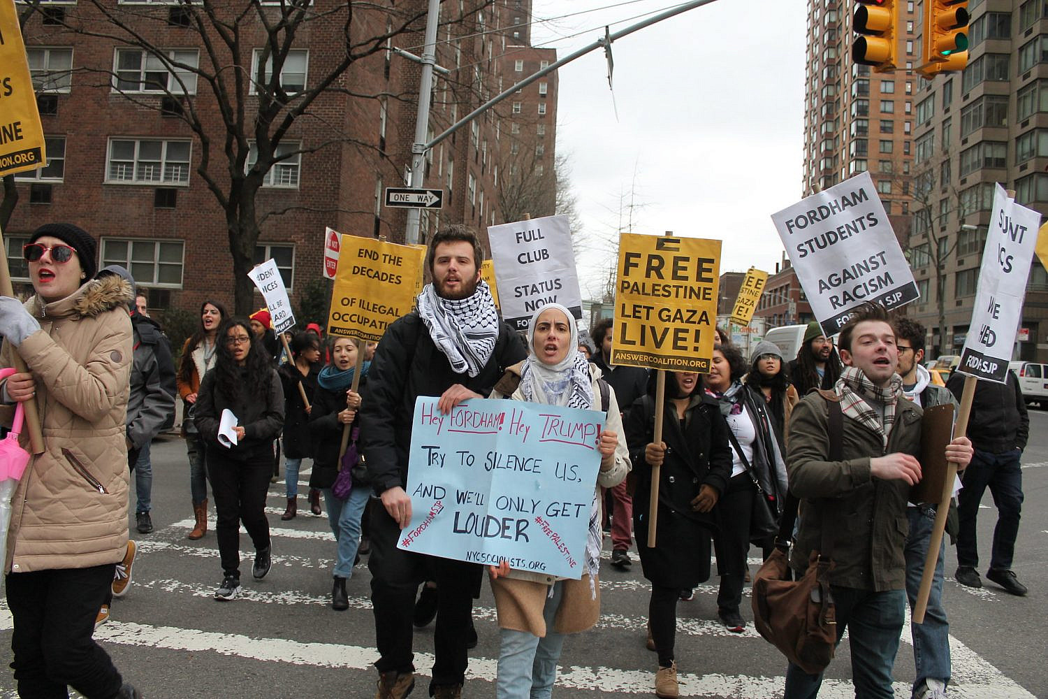 Members and supporters of Fordham Students for Justice in Palestine protest the university administration's refusal to register SJP as a student organization, in New York. Jan. 23, 2017. (Joe Catron/Flickr)