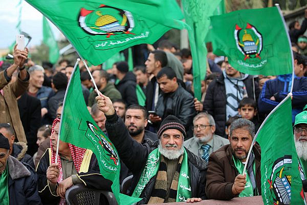 Palestinians attend a Hamas rally marking the 32nd anniversary of its founding in the Nusseirat camp in central Gaza City, Dec. 15, 2019. (Hassan Jedi/Flash90)