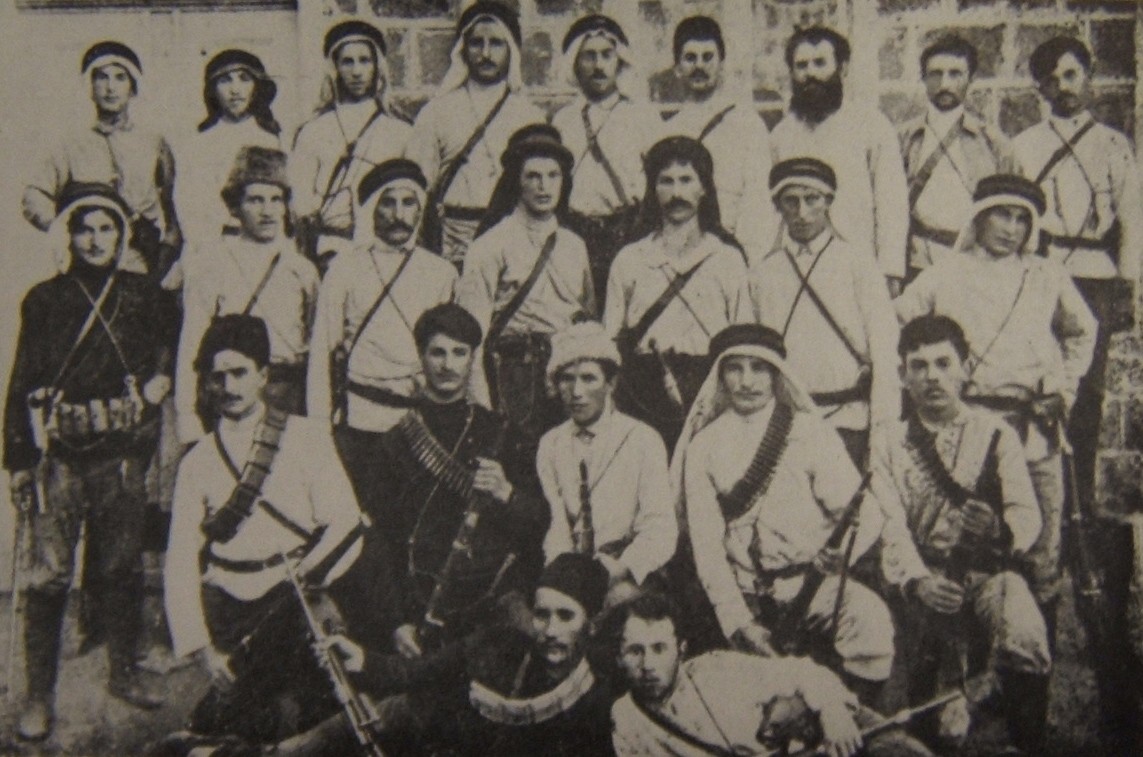 Members of Hashomer, an armed group that guarded the first Zionist settlements in Palestine, dressed in traditional Palestinian garb, 1909. 