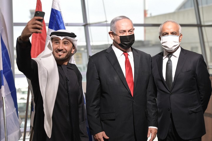 Prime Minister Benjamin Netanyahu at a ceremony welcoming the first commercial flight from Dubai to Israel, Ben Gurion International Airport, November 26, 2020. (Kobi Gideon/GPO)