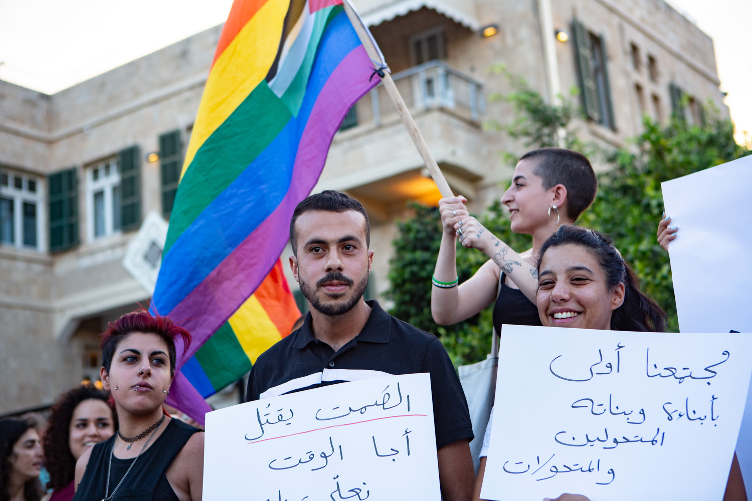 LGBTQ Palestinians take part in a protest following the stabbing of a queer Arab teen in Tel Aviv, August 1, 2019. (Mati Milstein)
