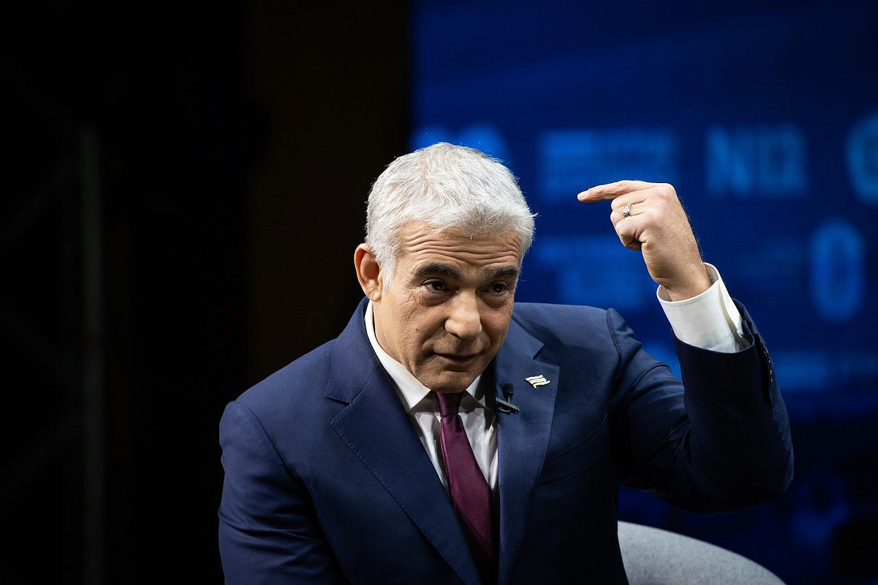 Head of the Yesh Atid party MK Yair Lapid attends a conference of the Israeli Television News Company in Jerusalem on March 7, 2021. Photo by Yonatan Sindel/Flash90