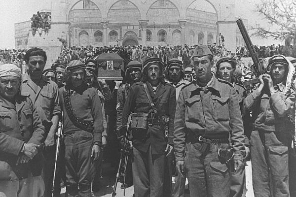 Hundreds of members of the Arab Liberation Army attend the funeral of Abd al-Qadir al-Husayni at the Dome of the Rock, Jerusalem, April 8, 1948. (GPO)