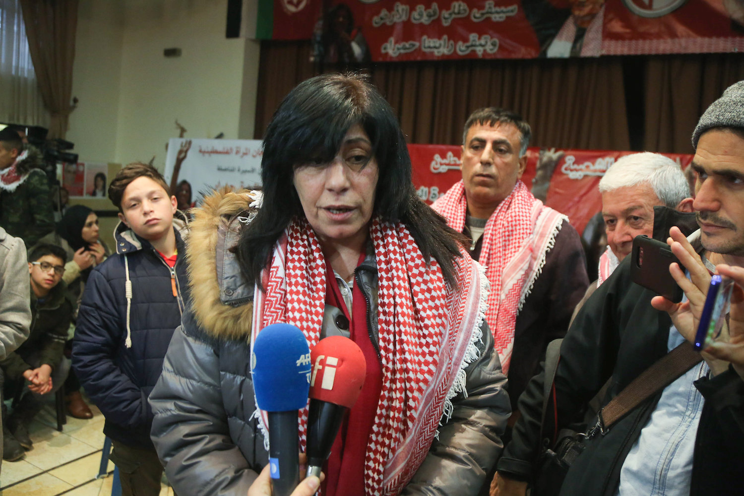 Palestinian parliament member Khalida Jarrar seen being welcomed by her supporters after being released from prison, Ramallah, February 28, 2019. (STR/Flash90)