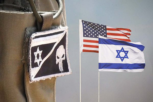 Adaptation of photo of Israeli soldier wearing a 'Punisher' patch (B'Tselem) and a U.S.-Israel joint exercise (IDF).