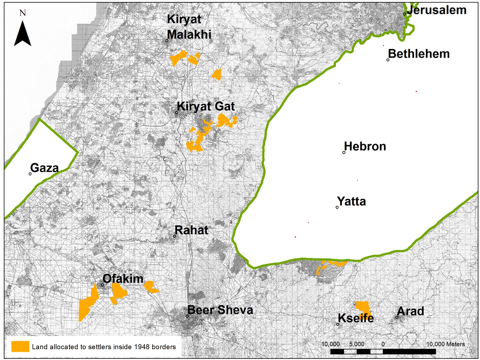 Map of land allocated by the state to settlers in the West Bank inside Israel. (Map courtesy of Dror Etkes)