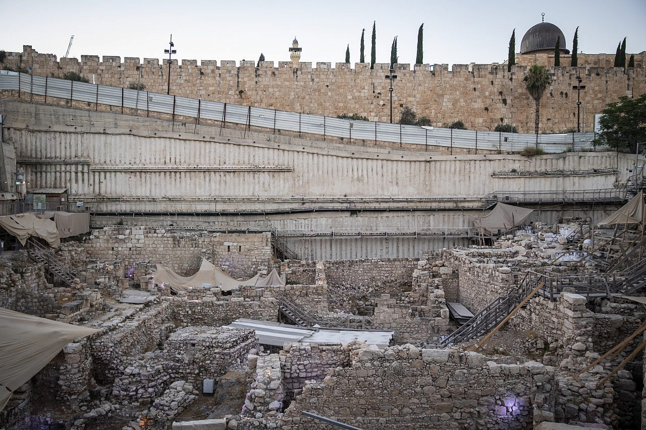 The Givati Parking Lot excavation grounds next to the City of David National Park in the Palestinian village of Silwan, across the street from the Old City walls surrounding the Al Aqsa mosque compound, July 14, 2019. (Hadas Parush/Flash90)