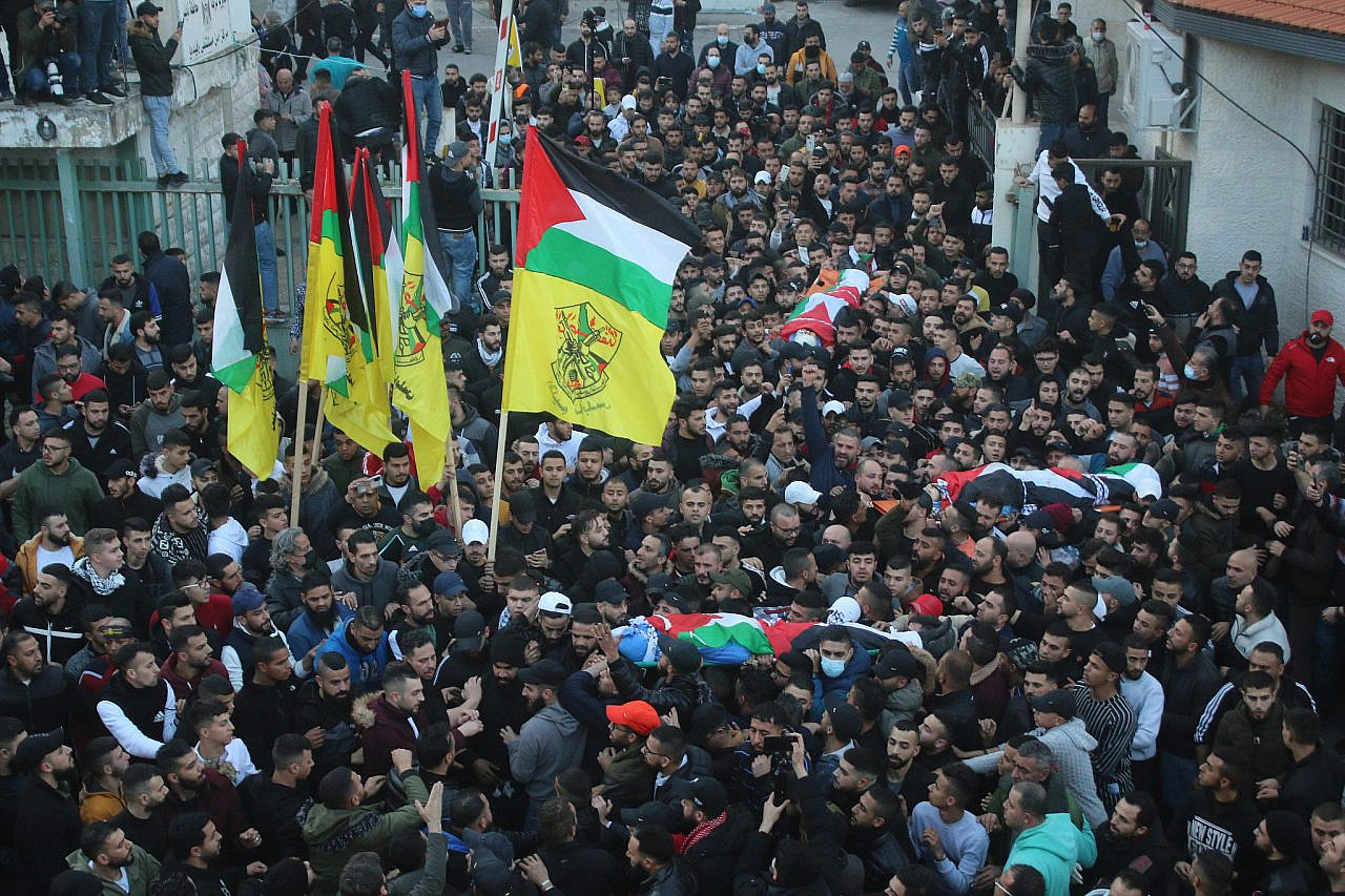 The funeral for three Palestinians killed by Israeli security forces, Nablus, occupied West Bank, February 8, 2022. (Activestills)