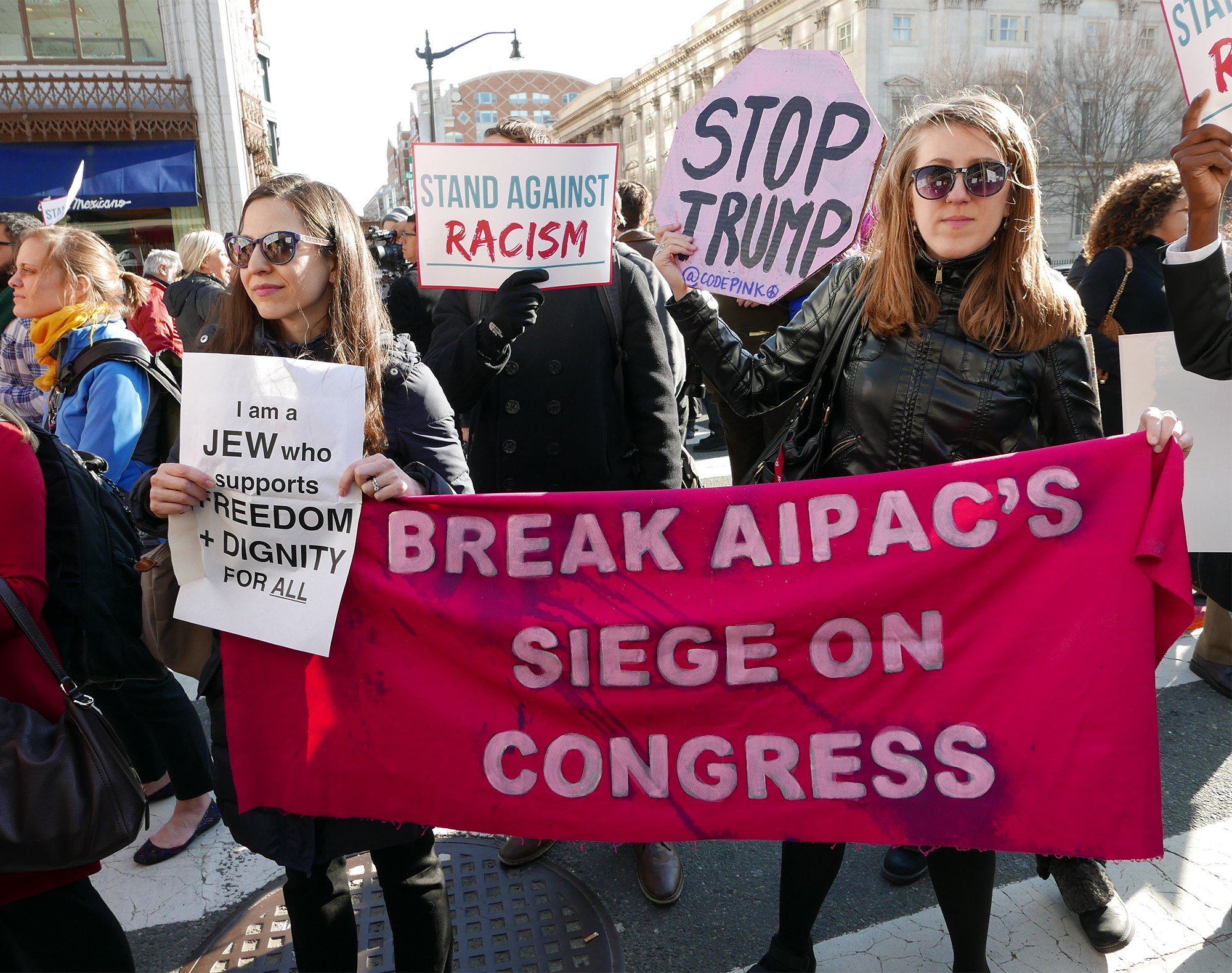 Protesters outside the Verizon Center where Donald Trump addressed AIPAC, Washington DC, March 21, 2016. (Susan Melkisethian/CC BY-NC-ND 2.0)