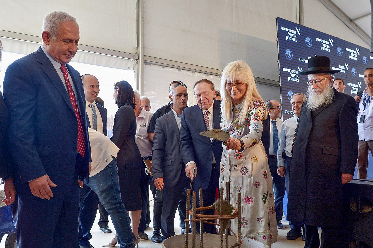 American businessman and investor Sheldon Adelson with Miriam Adelson at the ceremony of a laying of a cornerstone for new Medicine Faculty buildings at the Ariel University in the West Bank, June 28, 2017. (Ben Dori/Flash90)