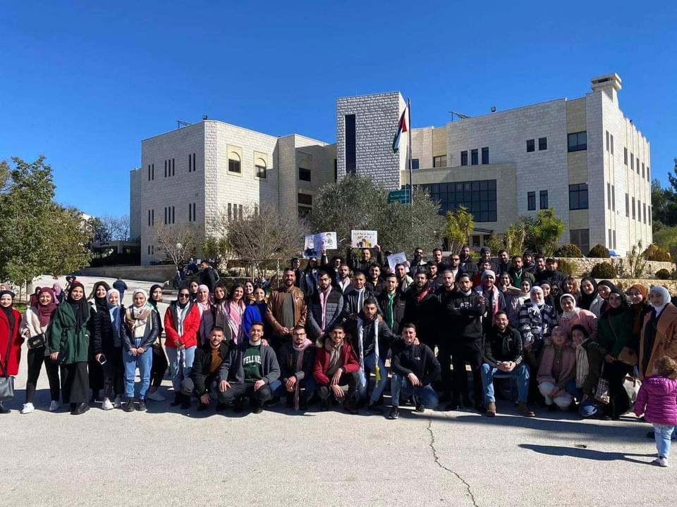 Birzeit University students during a strike against the university administration's disciplinary measures against a Hamas-affiliated group on campus, February 2022. (Basil al-Adraa).