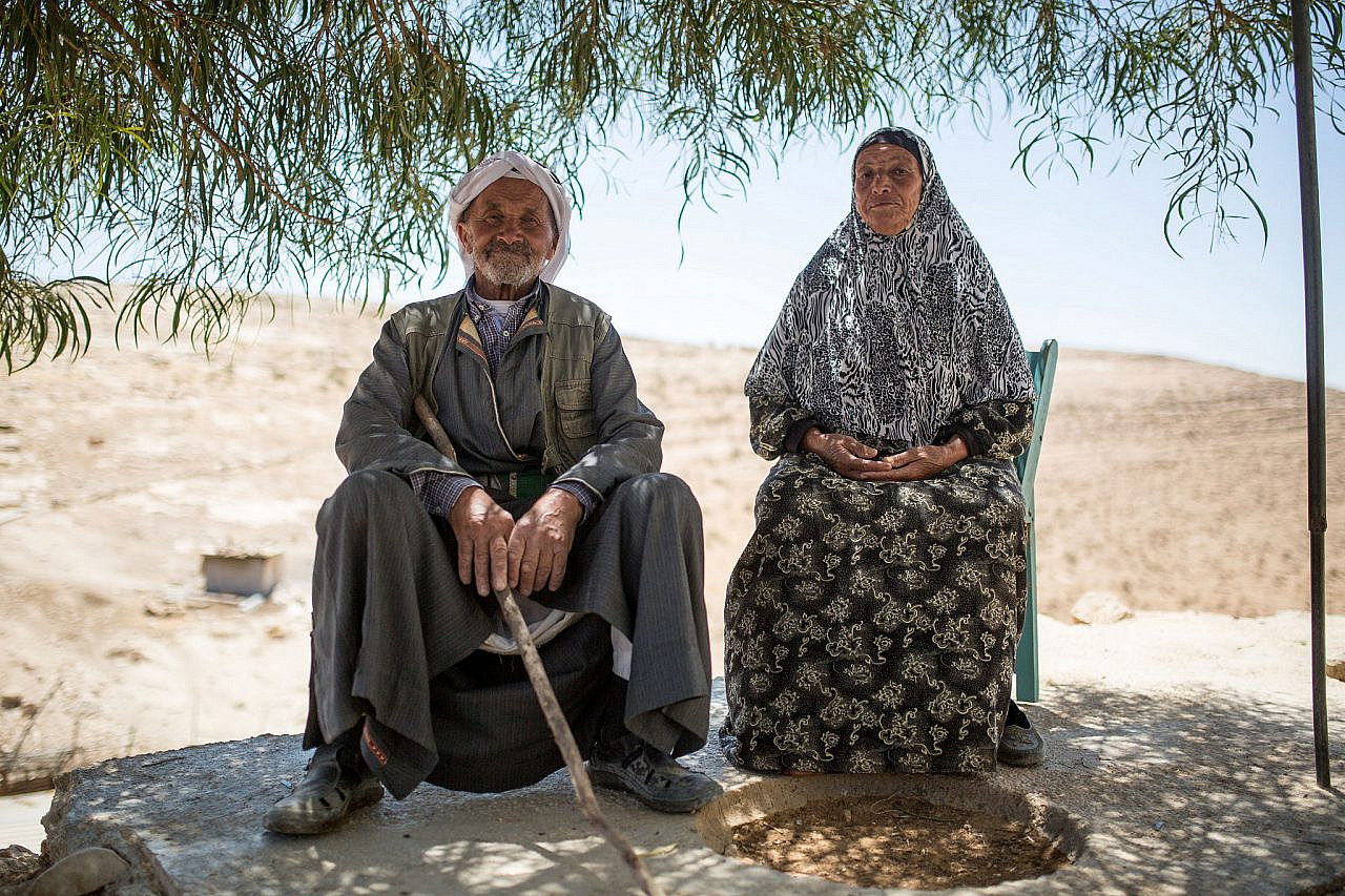 Zuhoor and Ibrahim, Ali Awad's grandparents, in the village of Tuba from which they were expelled in 1999 before returning, South Hebron Hills, occupied West Bank. (Emily Glick)
