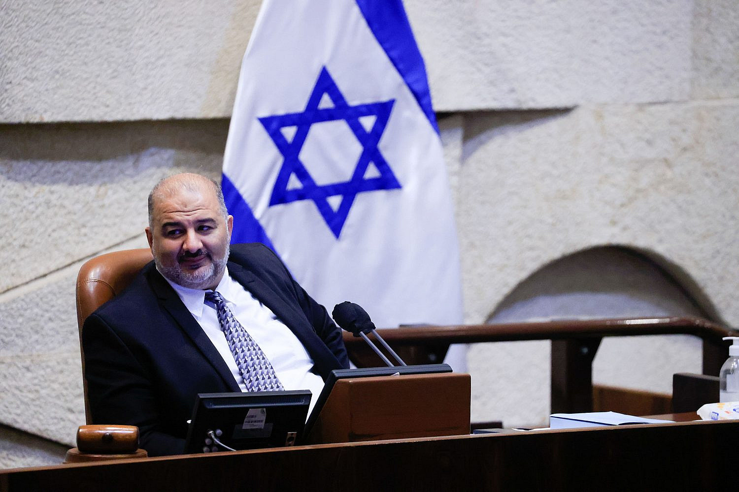 MK Mansour Abbas seen during a vote on the state budget at the assembly hall of the Knesset, September 2, 2021. (Olivier Fitoussi/Flash90)