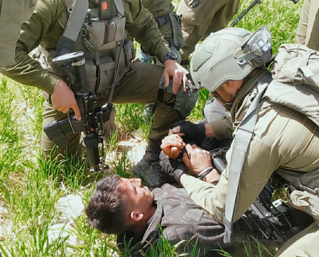 Israeli soldiers arrest Riad Awad, a resident of Tuba, following a settler attack in the village in the South Hebron Hills, the West Bank, March 30, 2022. (Ali Awad)