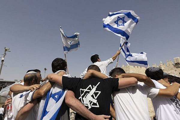 Israeli Jewish extremists dance during the Flag March on Jerusalem Day, May 29, 2022. (Oren Ziv)