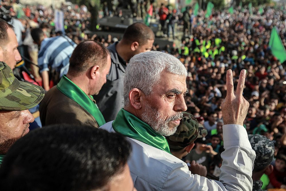Hamas leader Yahya Sinwar seen at a rally in Beit Lahiya, Gaza Strip, May 30, 2021. (Atia Mohammed/Flash90)