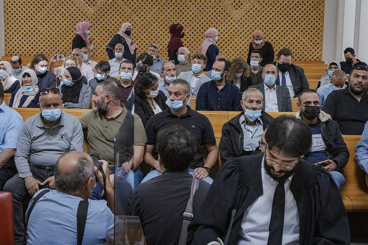 Palestinians attend a hearing regarding the forced expulsion of Palestinian families from their home in the Silwan neighborhood, Supreme Court, Jerusalem, October 25, 2021. (Olivier Fitoussi/Flash90)
