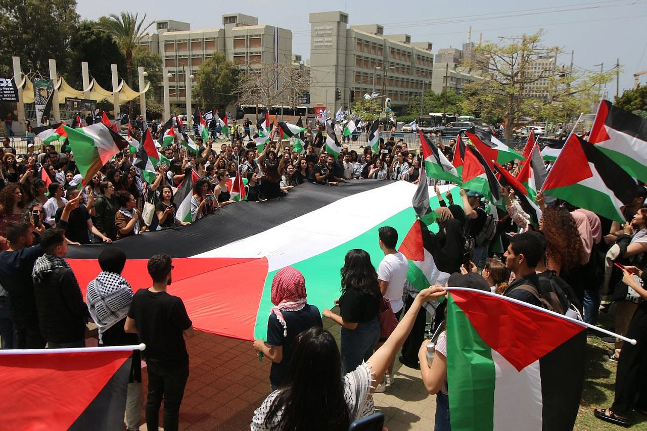 Palestinian students commemorate the Nakba at a ceremony at Tel Aviv University, May 15, 2022. (Activestills)