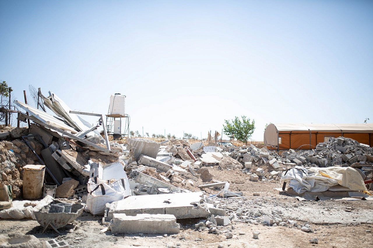 The remains of Palestinian homes in the village of Al-Mirkez after being destroyed by Israeli security forces, June 22. (Emily Glick) 