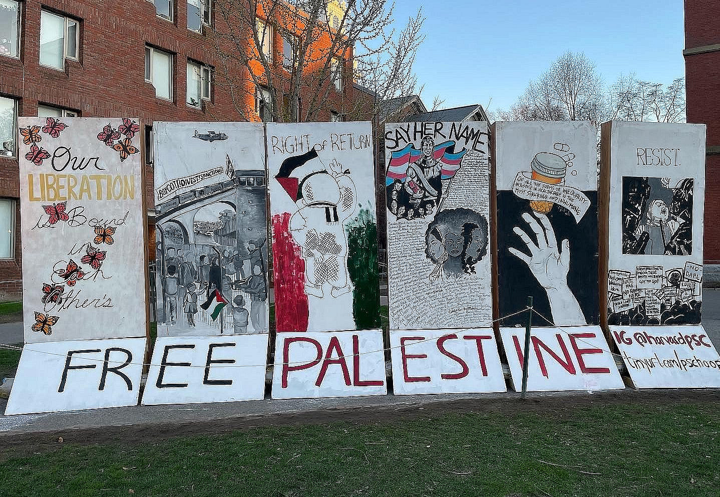 One side of Harvard PSC's "apartheid wall" installation constructed on campus during Israeli Apartheid Week 2022. (Courtesy of Harvard PSC)