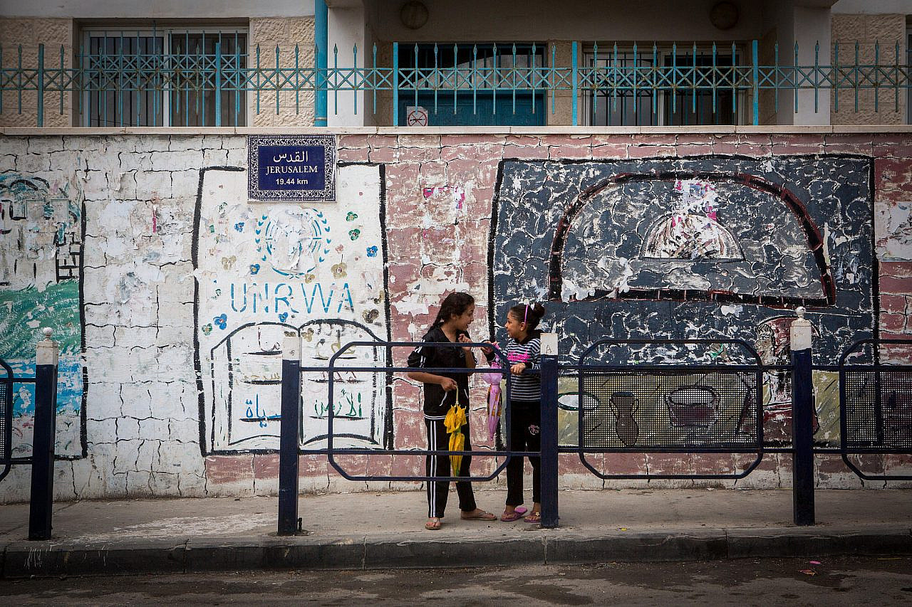 Palestinian girls in a street in Jalazone Refugee Camp, occupied West Bank, October 9, 2015. (Miriam Alster/Flash90)